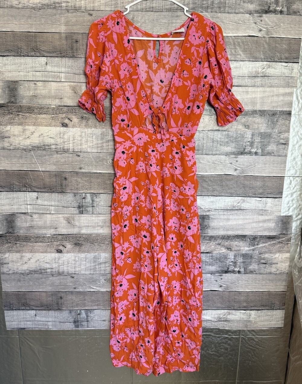 Rue Stiic Floral Tie-Front Jumpsuit in Orange and Pink Puff Sleeve Boho Small